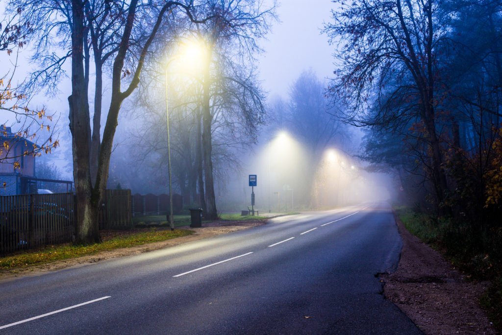 Foggy morning and lights. An autumn forest landscape. A view from the asphalt country road. Latvia