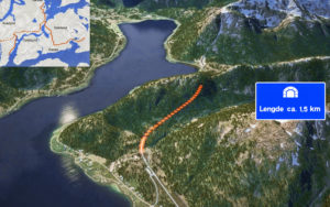 Bildet her er en skjermkopi fra informasjonsvideoen til Statens Vegvesen, der vi ser innover mot Gullesfjordbotn.
