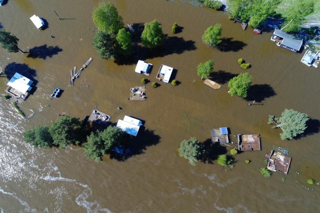 Frognerstranda Camping ved Årnes står under vann på grunn av flommen i Glomma i mai 2018