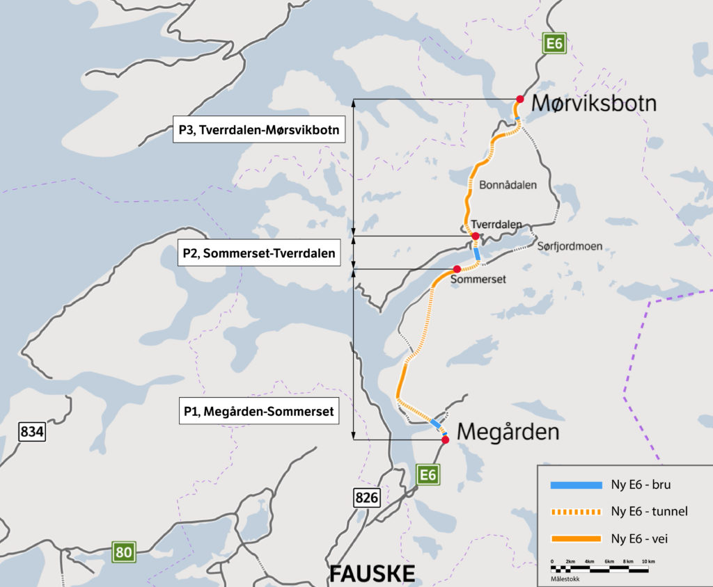 Kartet viser utbyggingsprosjektet E6 Megården-Mørsvikbotn med sine tre byggetrinn. Illustrasjon Statens vegvesen