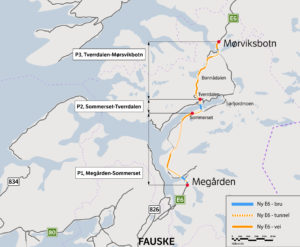 Kartet viser utbyggingsprosjektet E6 Megården-Mørsvikbotn med sine tre byggetrinn. Illustrasjon Statens vegvesen