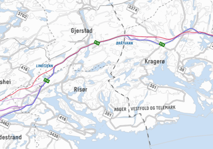 E18 Tvedestrand-Bamble Kart Nye Veier