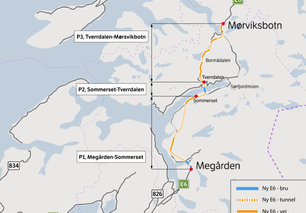 Kartet viser utbyggingsprosjektet E6 Megården-Mørsvikbotn med sine tre byggetrinn. Illustrasjon Statens vegvesen